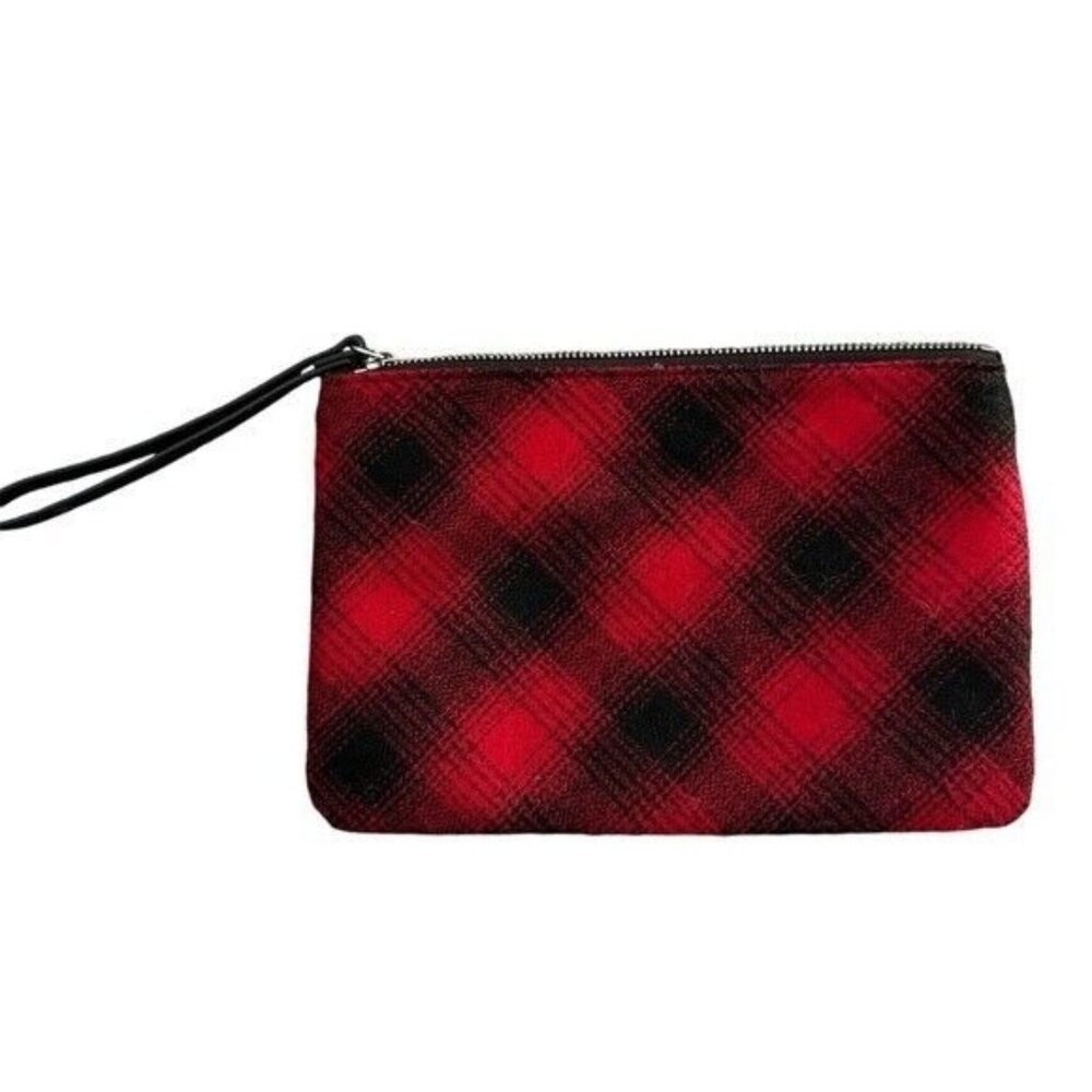 J. Jill Wool Black Red Plaid & Leather Clutch Wristlet Handbag NEW